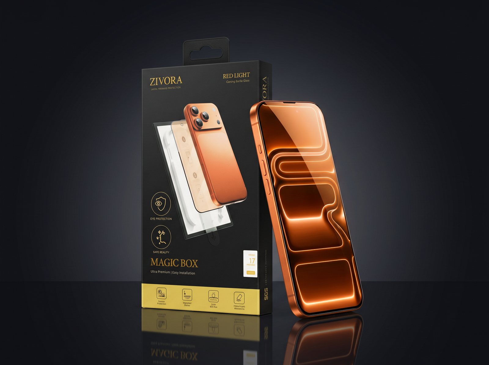 Zivora Red Light screen protector and Magic Box packaging